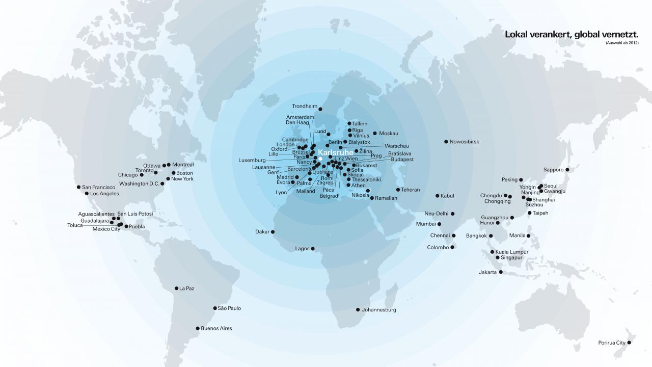 Die Graphik zeigt eine Weltkarte, die die Stationen der ZKM Ausstellungen weltweit zeigt.