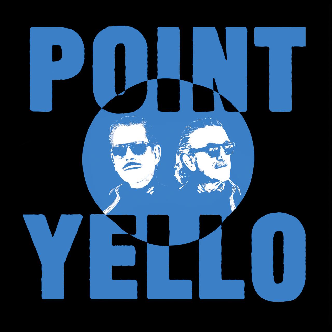 Das Albumcover von »Point« des Musikerduos Yello. Oben steht »Point«, unten steht »Yello« und in der Mitte ist ein Kreis, der den Scherenschnitt der beiden Köpfe der Musiker darstellt.