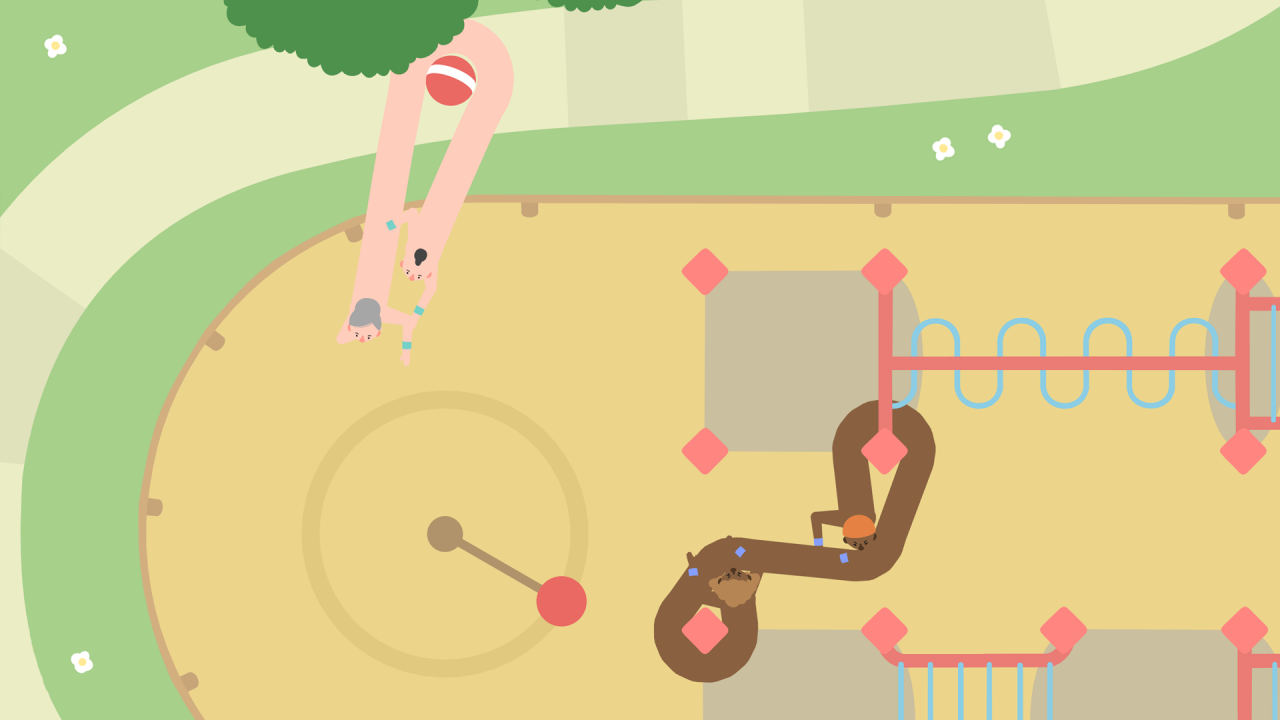 Bird's-eye view of a playground with long figures with heads