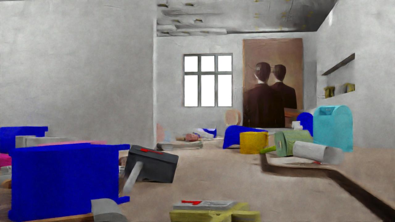 Still of the work »Homeschool« by Simone C. Niquille / Technoflesh, painted gray interior in which various colorful objects lie