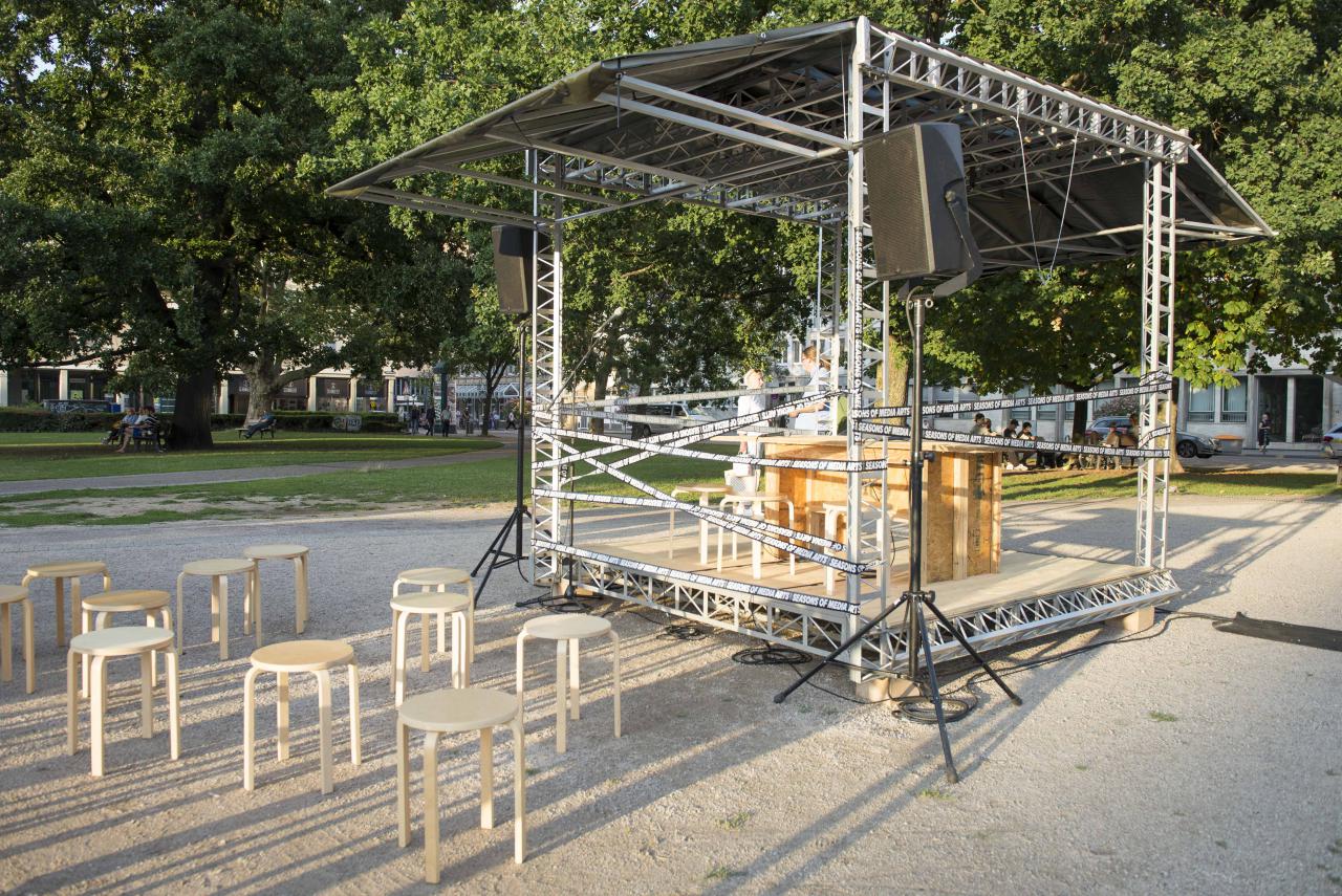 The installation »Spacecraft_ZKM« consisting of a stage scaffold and chairs.