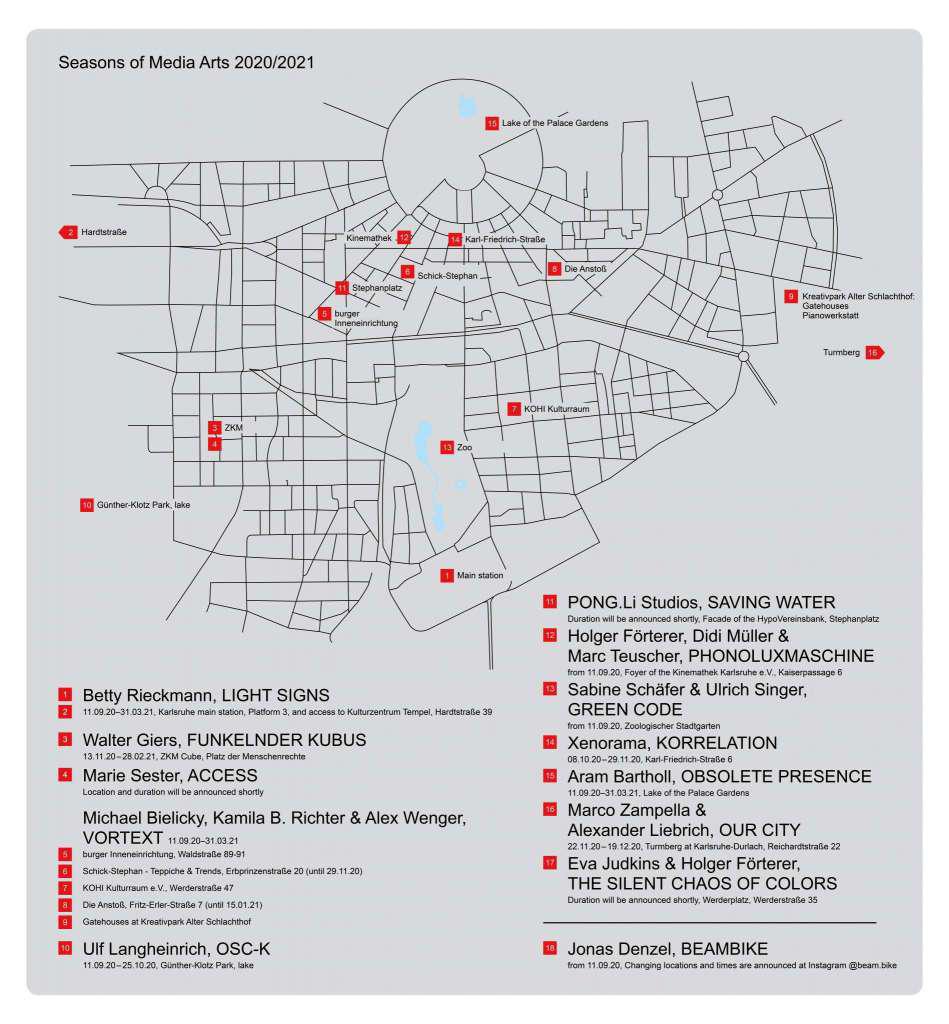 A map indicating the sites of the artworks of the art festival Seasons of Media Arts, which are distributed in the Karlsruhe city area.
