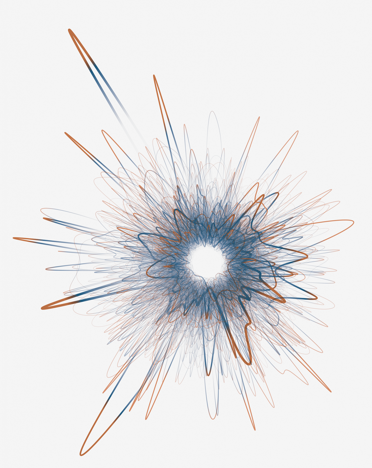 Zu sehen ist eine Visualisierung eines Netzwerkes. Die Form des Netzwerks erinnert an ein Stern, der explodiert.