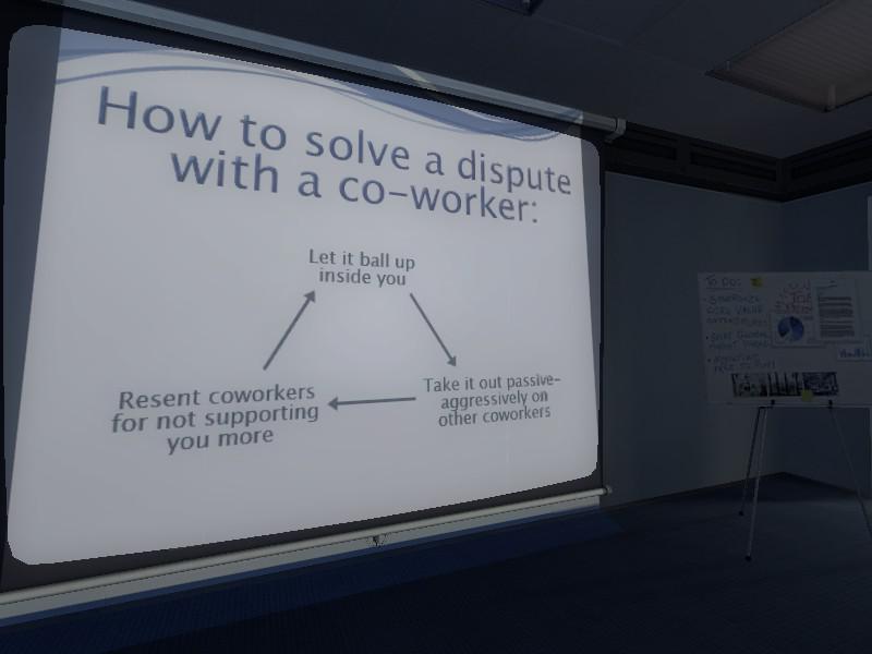 A slide with a sarcastic guide how to solve problems between co-workers