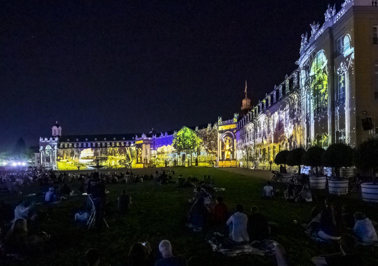 Various living environments are projected onto the façade of the three-winged Karlsruhe Castle.