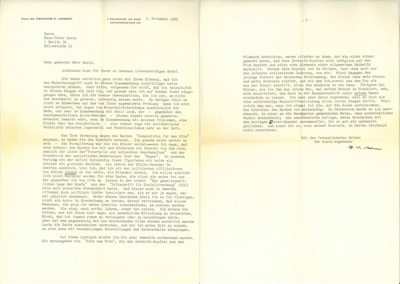 Brief von Theodor W. Adorno an Peter Gente, 2.11.1965.