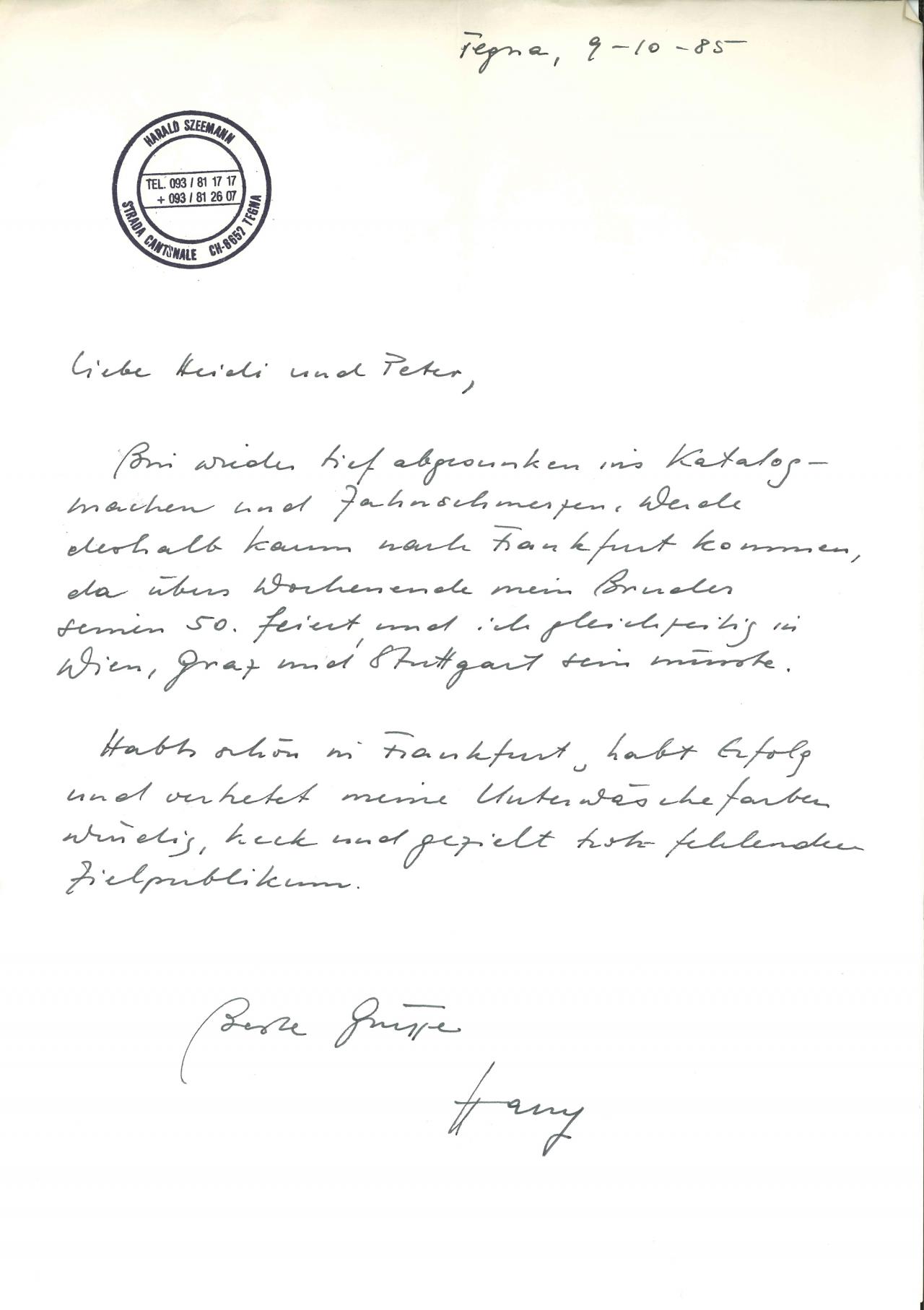 Brief von Harald Szeemann an den Merve Verlag, 9.10.1985.