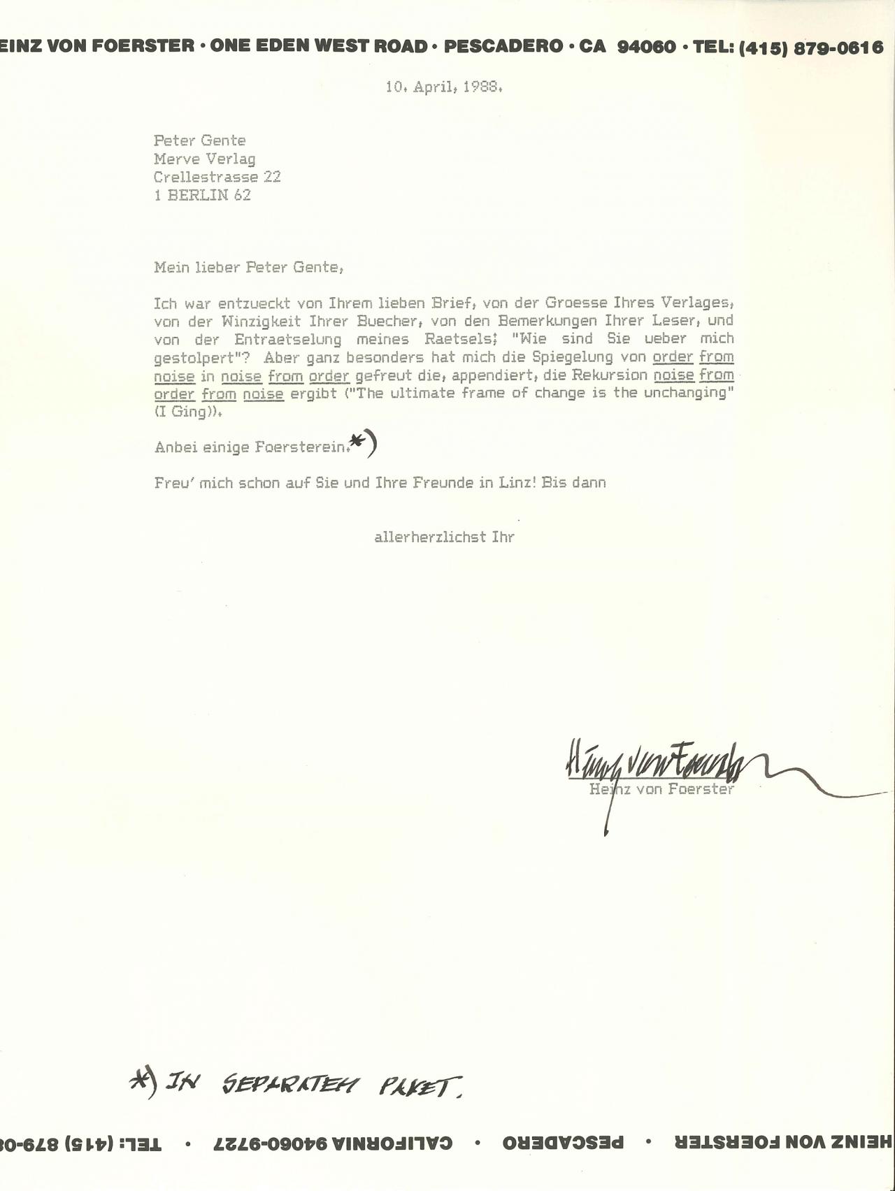 Brief von Heinz von Foerster an den Merve Verlag, 10.4.1988.