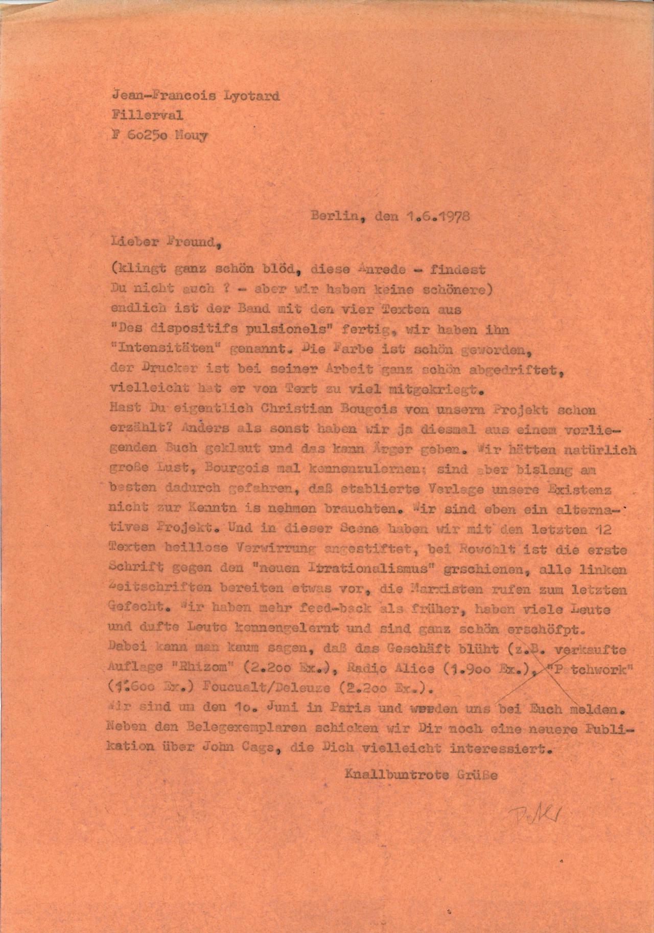 Brief von Peter Gente an Jean-François Lyotard, 1.6.1978.