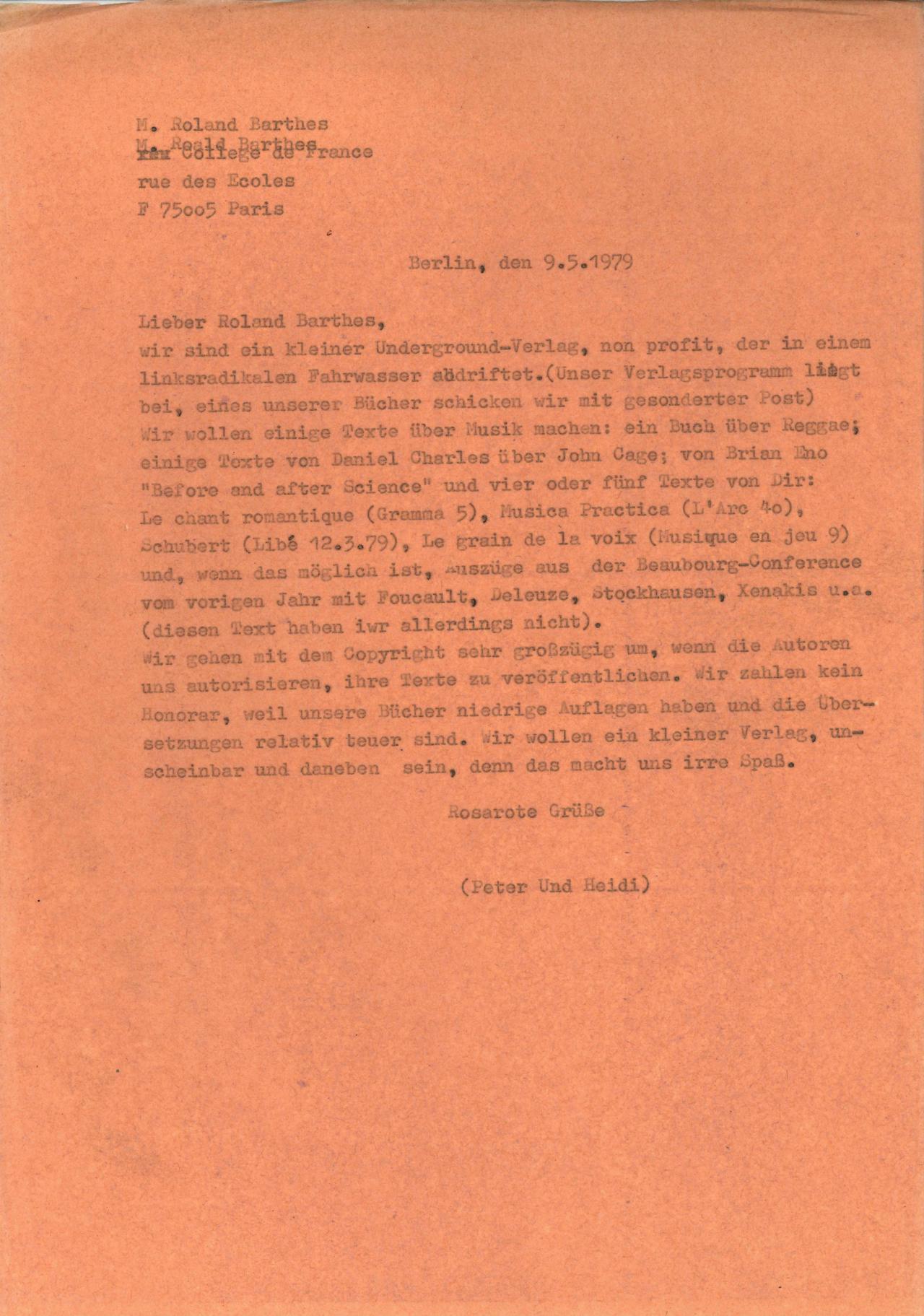 Brief des Merve Verlags an Roland Barthes, 9.5.1979.