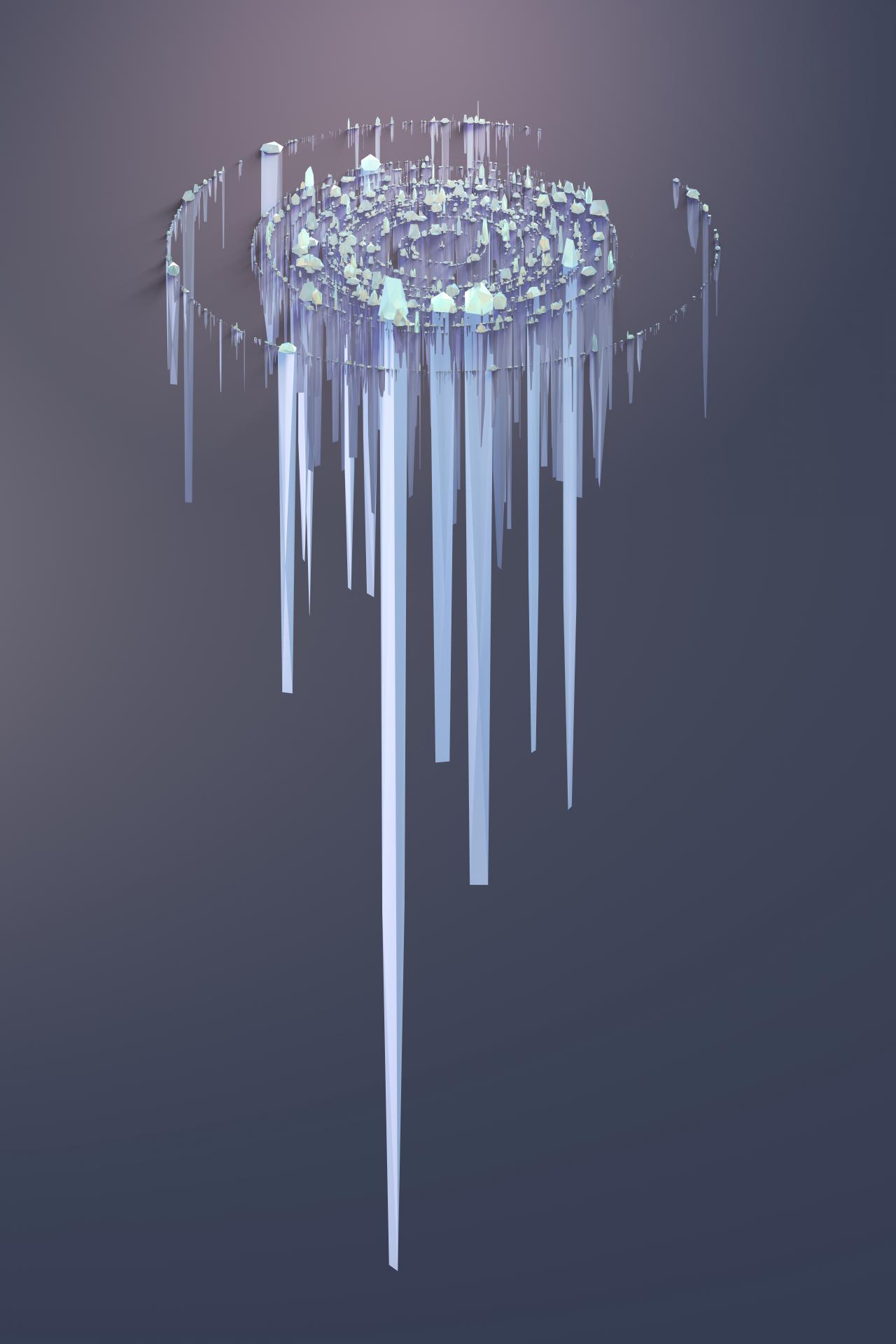 Circular structures floating in empty space that look like icicles in different lengths