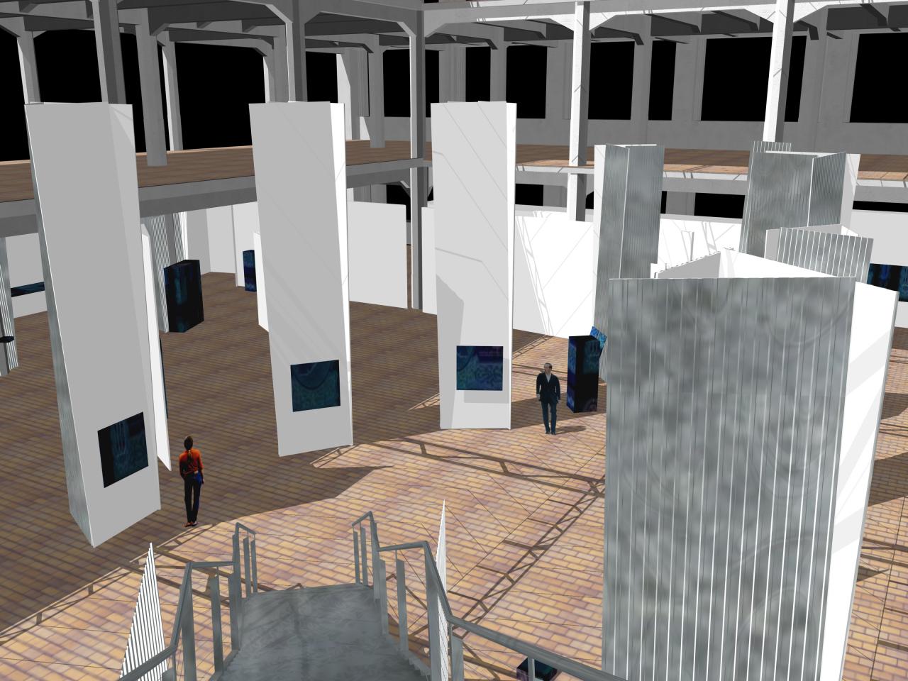 Virtuelle Computergrafik eines großen zweistöckigen Ausstellungsraums voller weißer Säulen