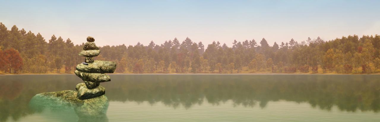 Das Bild zeigt einen Ausschnitt aus dem Videospiel "Walden a Game". Zu sehen ist ein weiter See, an dessen Rand Bäume stehen. Links sind Steine aufgetürmt zu einer meditativen Skulptur.