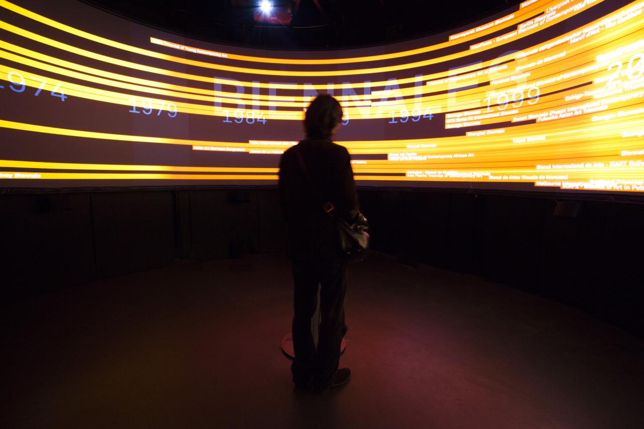 A man standing in front of a 360° view of yellow lightnings