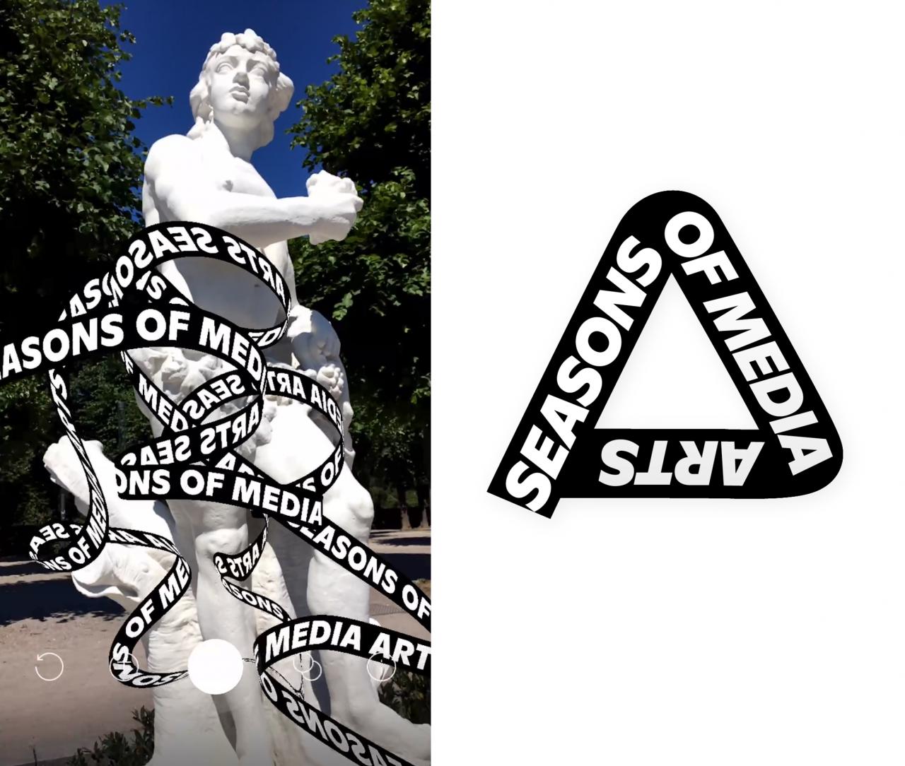 An antique statue of a man around which a virtual ribbon with lettering winds. 