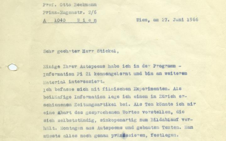 Otto Beckmann: Brief an Gerhard Stickel