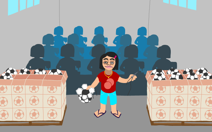 Screenshot aus dem Game »Perfect Woman«; Ein Mädchen näht einen Fußball und viele Näherinnen befinden sich als Schatten hinter ihr.