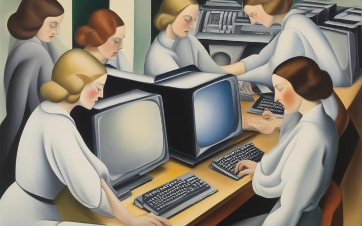 AI generated Image: Prompt: women working on computers in Style of Georgia O'Keeffe