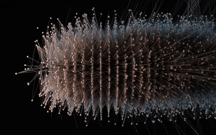 Zu sehen ist eine Visualisierung eines Netzwerkes, deren Form einer braunen Raupe ähnelt, die von oben betrachtet wird. 