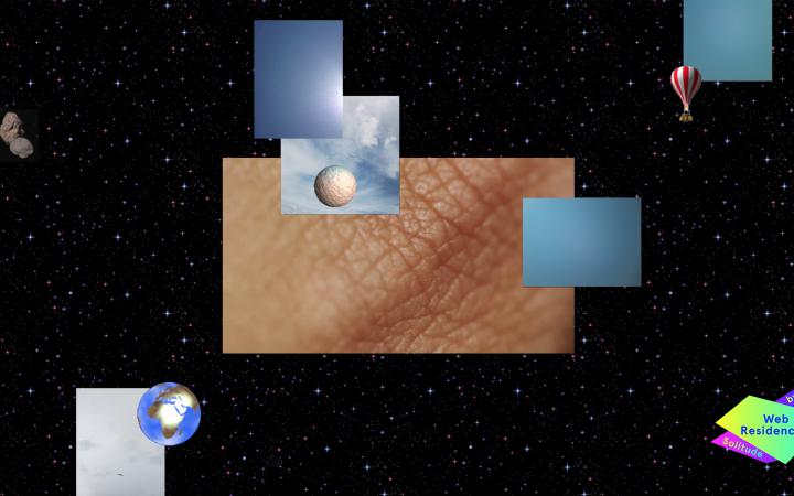 Verschiedene viereckige Graphiken, eine davon zeigt menschliches faltiges Hautgewebe, liegen auf einem Hintergrund aus Universum. 