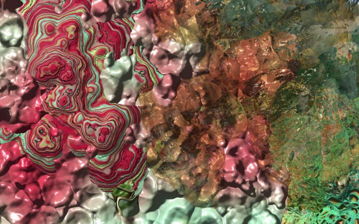 Digitale Darstellung einer organischen Oberfläche in grünen und roten Farben