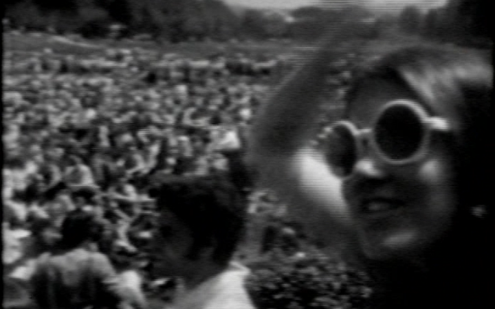 Video still from Paul Ryan's »Earth Day in New York City, Uptight in the Bushes« in black and white