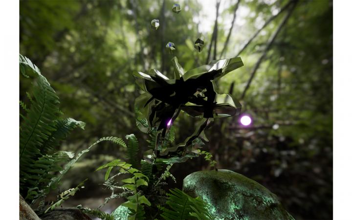 A virtual-looking plant embedded in organic vegetation.