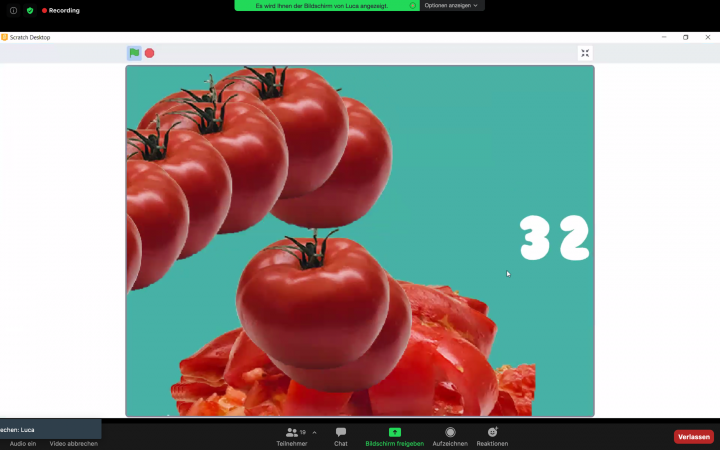 Screenshot of a zoom call. In it you can see an image with duplicated virtual tomatoes. The picture was created as part of the Cultural Academy Baden-Württemberg 2020/21.
