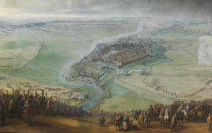 Militärische Belagerung einer Stadt. Gemälde aus dem 17. Jahrhundert. 