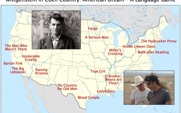 Before yellow map with red names are two photographs. The one in b / w shows the half portrait of a man, the other two men with sunglasses and cowboy hat.