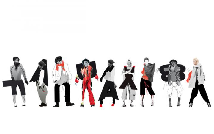 Nine people standing side by side. The surrounding space is completely white. Their heads are real, the clothing was generated in the colors black, gray, white and red by computer. Each body is associated with a letter.