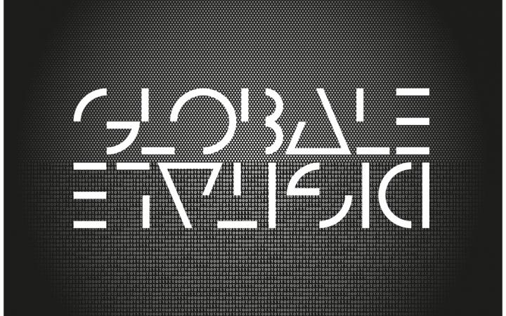 Weiße Schrift auf schwarzem Hintergrund: GLOBALE und auf dem Kopf DIGITALE