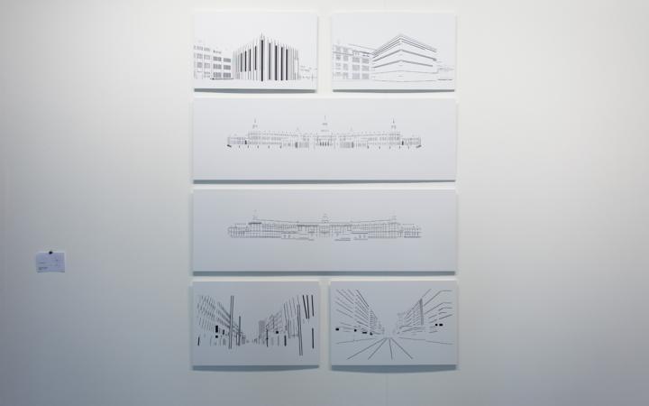 Sechs Zeichnungen von Gebäuden