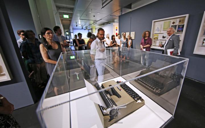 Exhibition view: typewriter in a show case