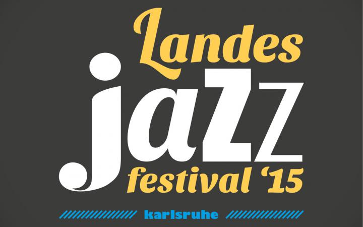 Orange, white and blue letters on black ground: Landesjazzfestival '15, Karlsruhe