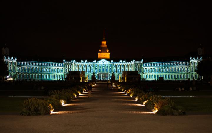 The blue-green Karlsruhe palace facade