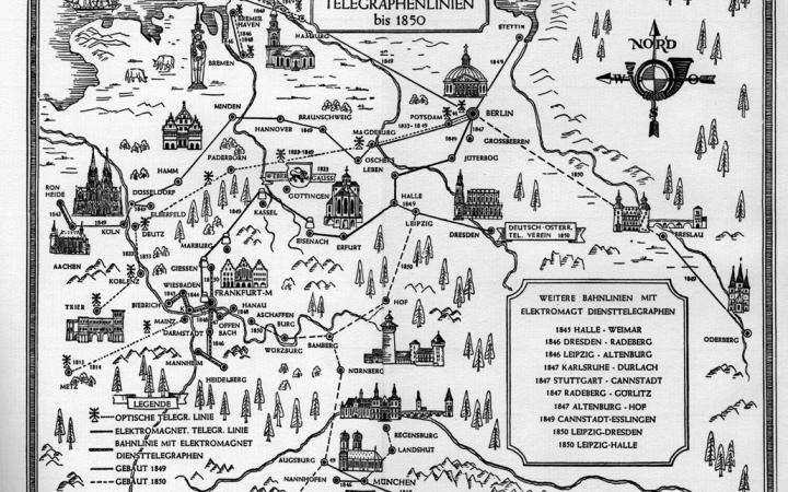 Eine historische Deutschlandkarte mit eingezeichneten Telegrafenlinien