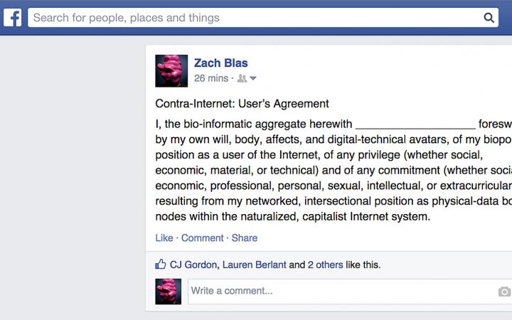 Screenshot of a Facebook post by Zach Blas