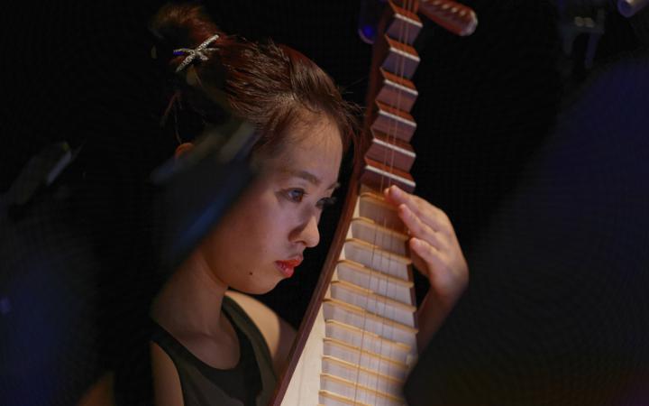 A woman at a plucked instrument