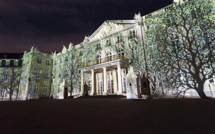Projected green trees on the palace facade