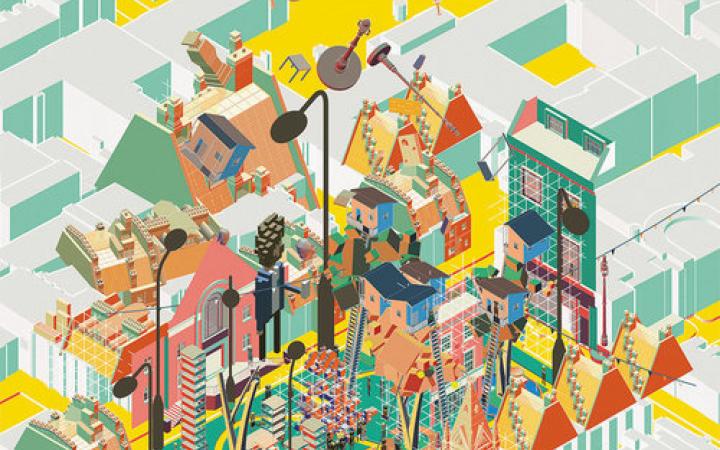 Computergenerierte, skizzenhafte Stadt aus der Vogelperspektive in bunten Farben
