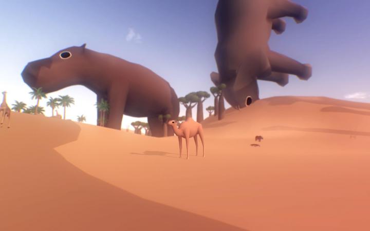 Gigantische Nilpferde und Kamel in einer Wüste