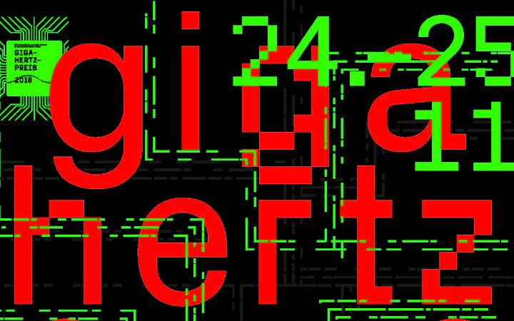 Cover of the publication: Giga-Hertz-Preis 2018. Red and green lettering on black background.