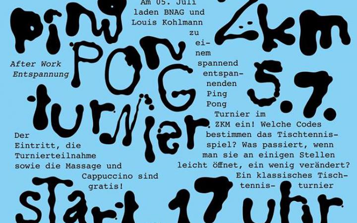 Poster design »Ping Pong Turnier« at ZKM, black writing on light blue background