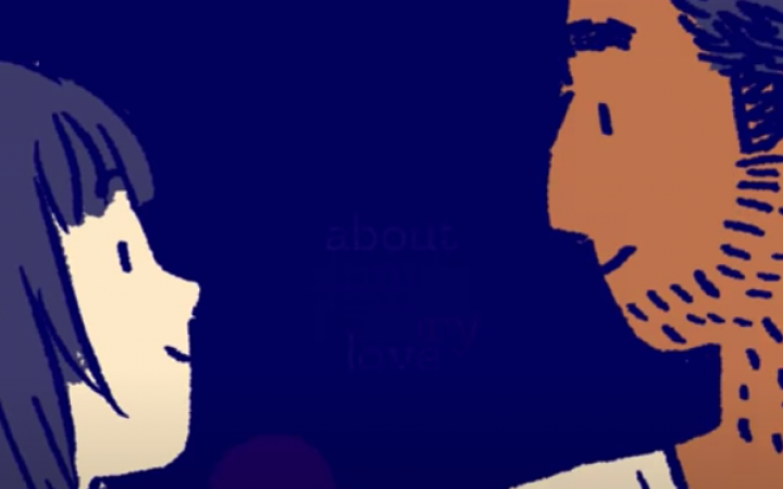 Drawing of a woman and a man looking at each other.