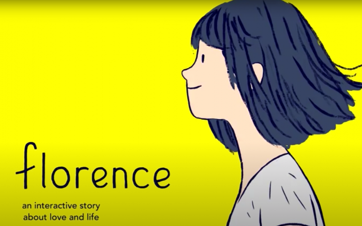 Zeichnung eines jungen Mädchens vor einem gelben Hintergrund mit der Überschrift "Florence. An interactive love story"