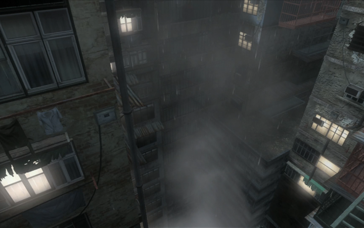 Computergenerierter regnerische Großstadt im Videospiel »Back Ops«