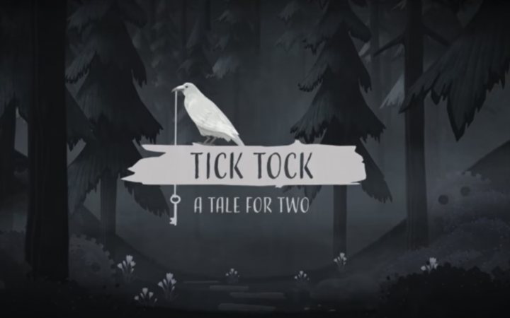 Lettering "Tick Tock: A Tale for Two" in front of a dark forest. On the lettering sits a raven with a key in its beak.