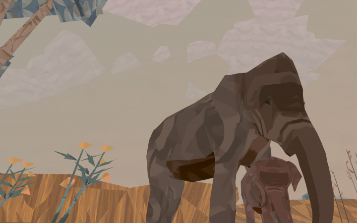 Bildschirmaufnahme des Spiels »Shelter 3« von Might and Delight aus dem Jahr 2020. Man sieht eine gezeichnete Steppenlandschaft. Eine Elefantenkuh beschützt ein Junges. 