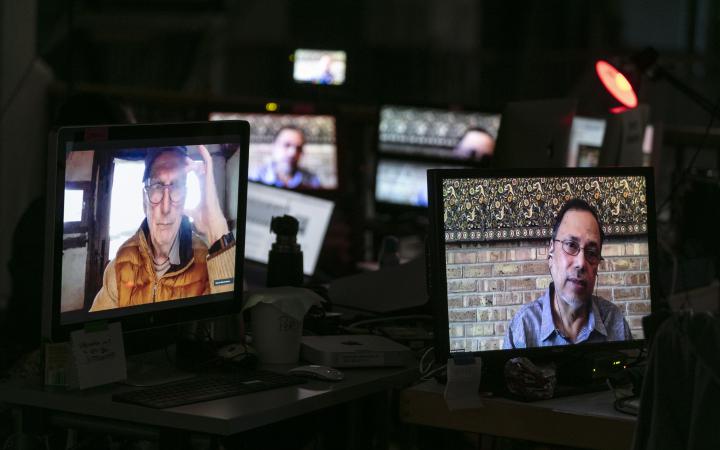 Multiple Mini-Displays show the faces of Bruno Latour and Dipesh Chakrabarty.